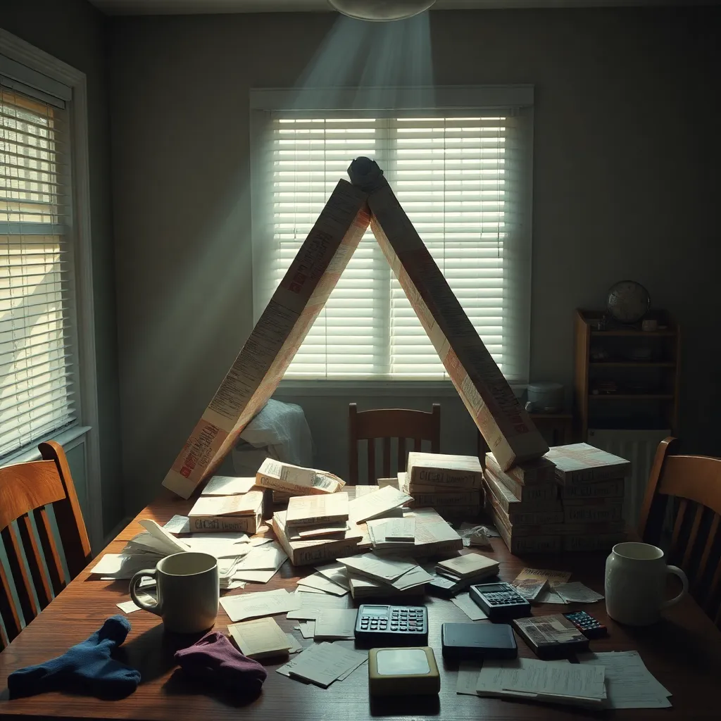 a grand conspiratorial symbol transformed into ordinary apartment life, triangle made of pizza boxes and receipts on a kitchen table, ominous shafts of light through blinds, mundane domestic chaos with socks, mugs, and calculators, ultra detailed, cinematic realism