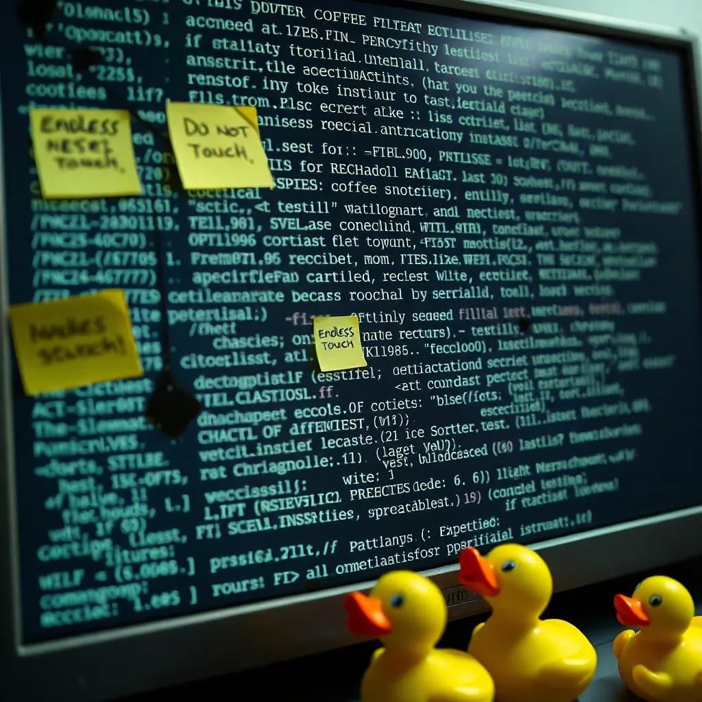 surreal close-up of a computer screen showing monstrous legacy code with endless nested if statements, sticky notes saying do not touch, coffee stains, rubber ducks looking concerned, eerie but comedic atmosphere, highly detailed