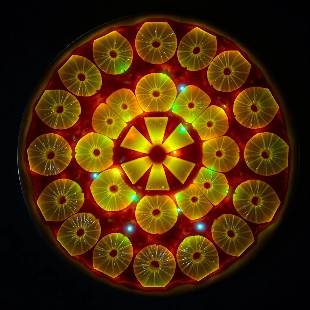 a pizza with pineapple slices arranged in a mysterious pattern, glowing with an otherworldly light