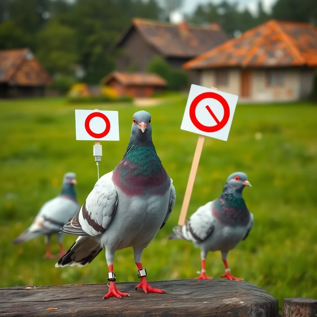 Ukrainian villagers sending carrier pigeons with USB sticks tied to their legs, one pigeon looks frustrated holding a 'No Signal' sign, retro-futuristic village background