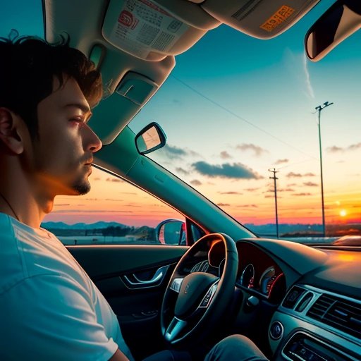 Driver in a gas station line lost in thought