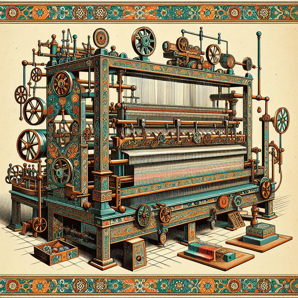 A historical depiction of the Jacquard loom with punchcards, detailed and accurate, high quality, intricate patterns, vibrant colors, historical context