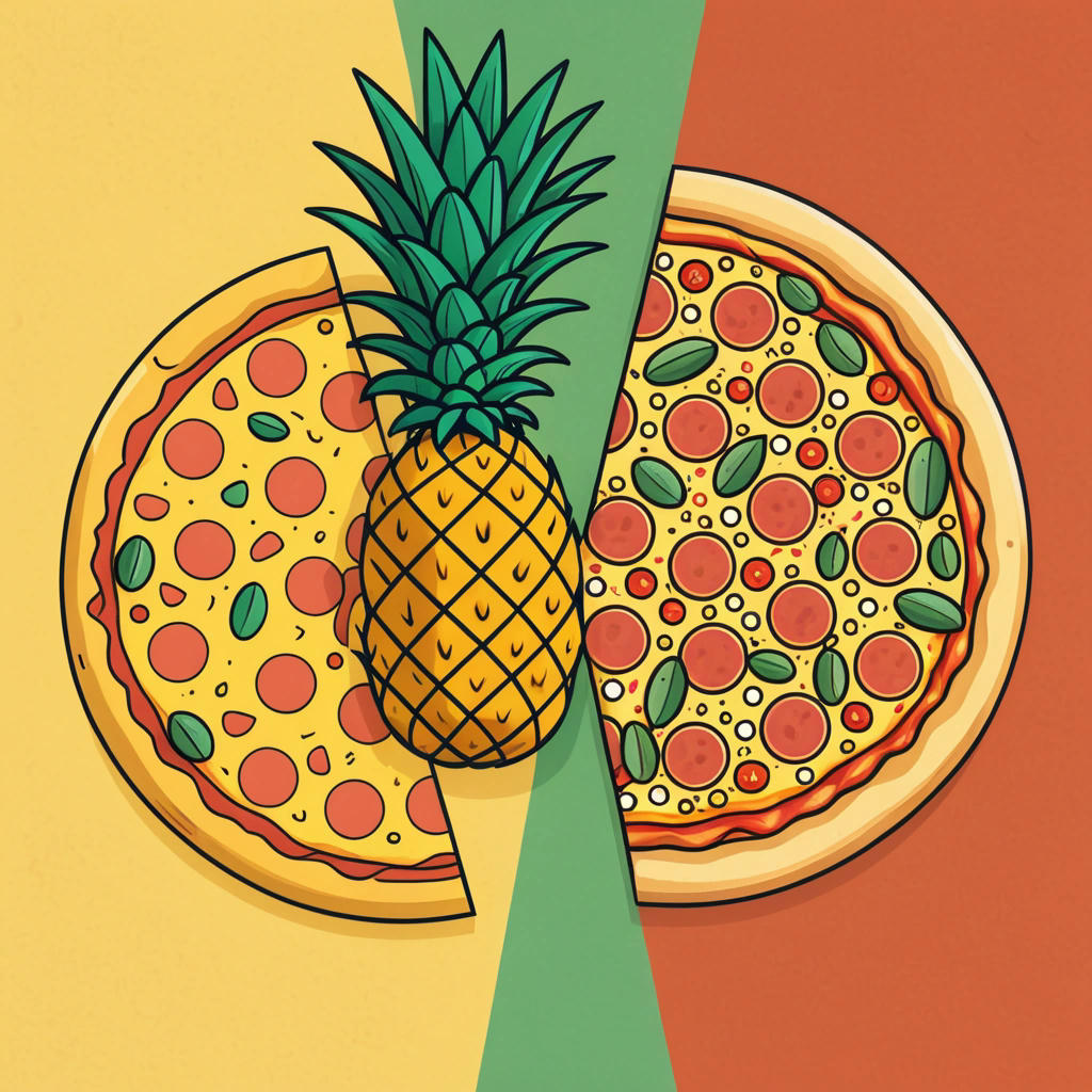 A split-screen image of a pineapple and a pizza