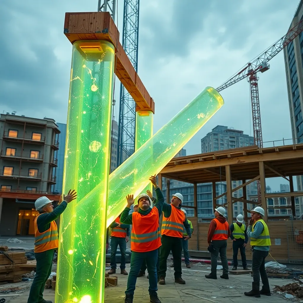 A construction site where workers are trying to hold onto glowing, transparent, holographic wooden beams that are fading away, confused construction workers, urban setting