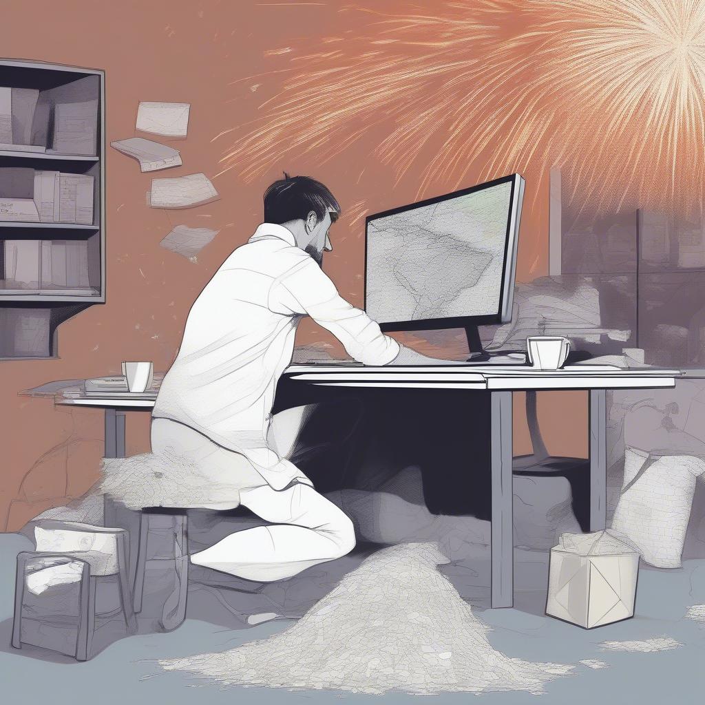 A frazzled graphic designer slumped over a desk littered with coffee cups, staring at a computer screen showing a cartoon eagle dropping rice bags on a map of South America while fireworks explode in the background