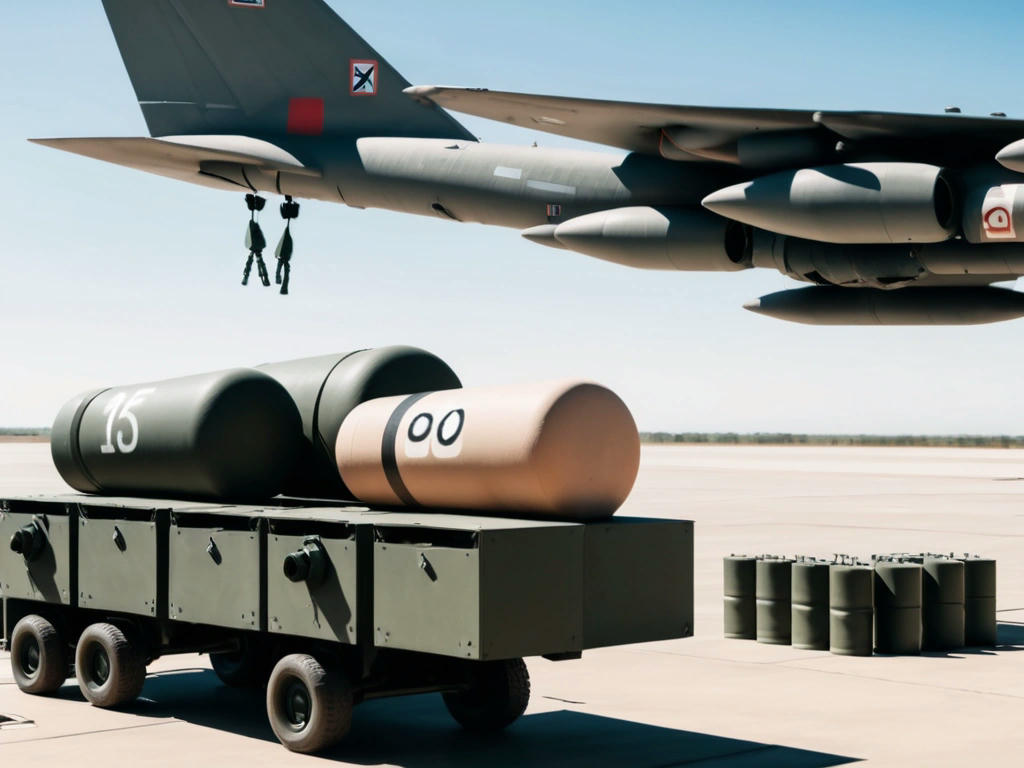 bombs being loaded onto a military aircraft, countdown timer in the background, a sense of tension and anticipation