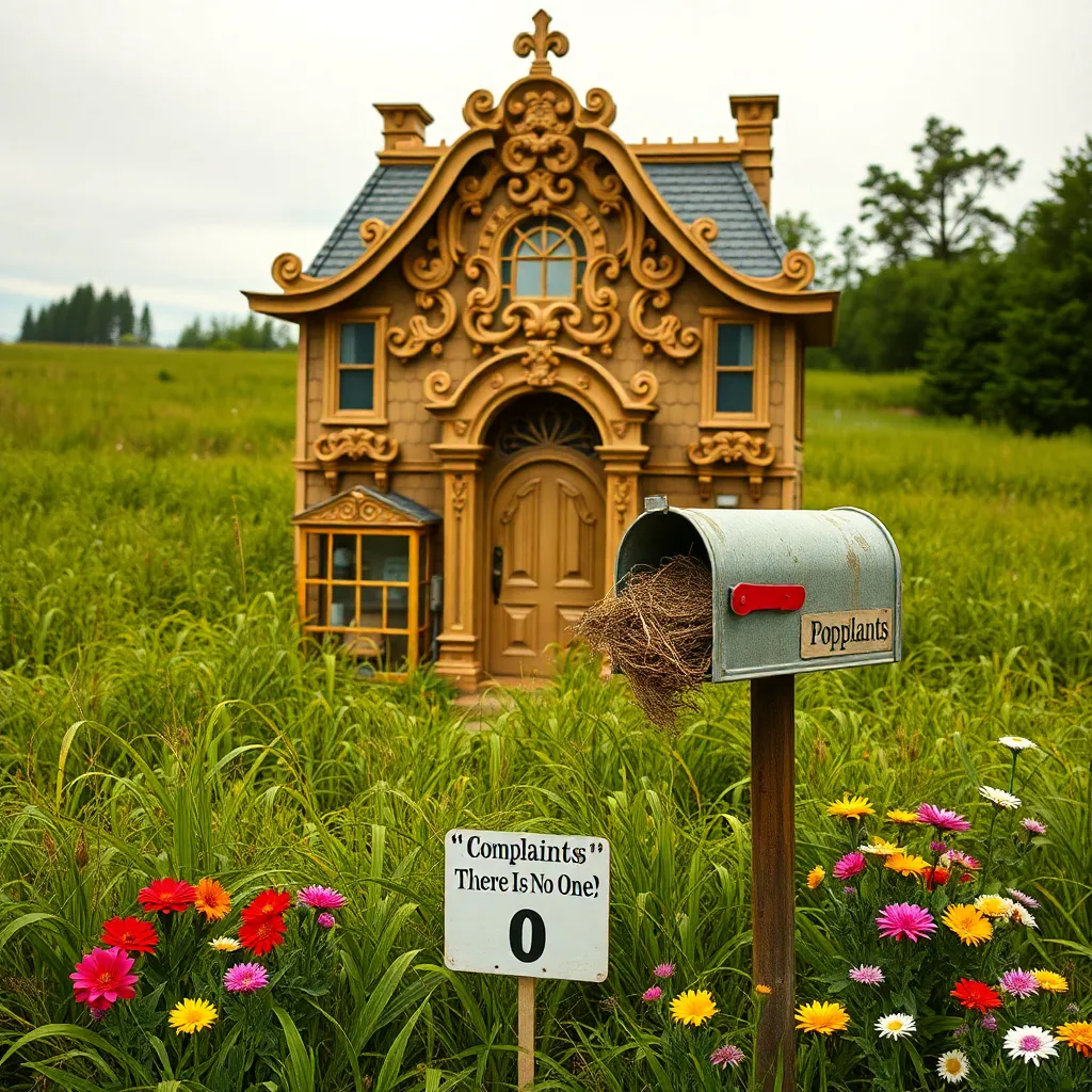 ornate village mayor's mansion in overgrown field, front door made of cardboard, mailbox labeled 'Complaints (Do Not Open - There Is No One)' overflowing with tumbleweeds, garden of plastic flowers under a 'Population: 0' sign
