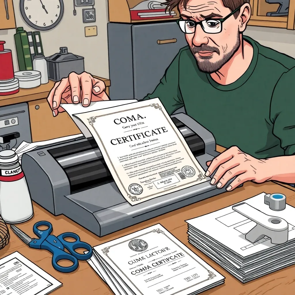 Gary laminating the COMA CERTIFICATE