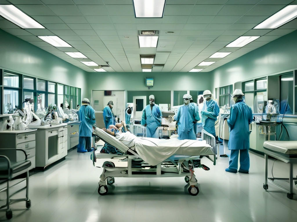 hospital emergency room with doctors and nurses attending to a patient in critical condition, medical equipment around