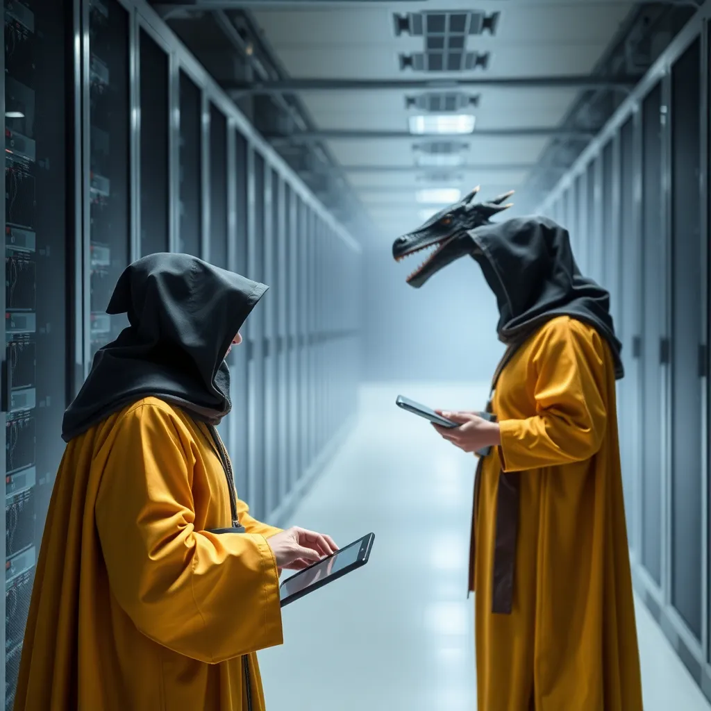 equipe de TI em trajes medievais segurando tablets, cercada por velas e cristais em um data center moderno, com um dragão de pelúcia sobre um servidor