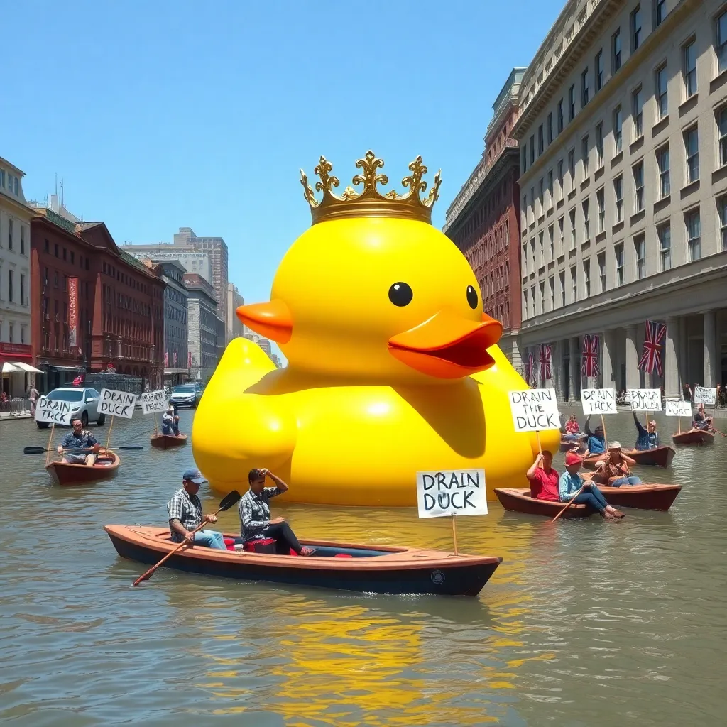 A giant sentient rubber duck wearing a crown floating in a flooded city street, tiny citizens in rowboats protesting with 'DRAIN THE DUCK' signs, sunny day