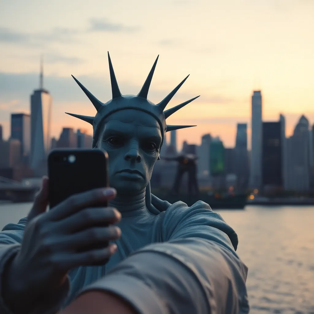 A shoggoth taking a selfie with the Statue of Liberty in the background, the city skyline at dusk