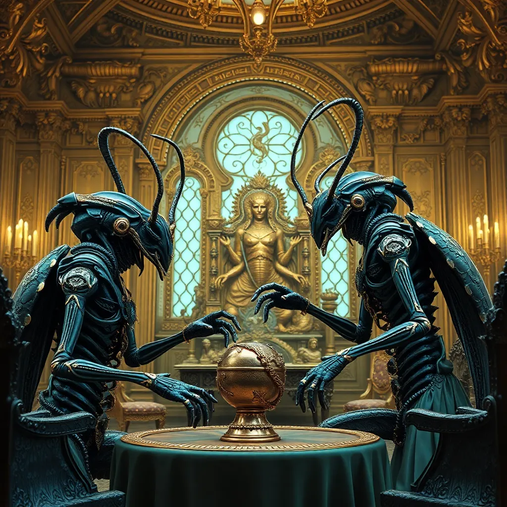 ornate insectoid alien aristocrats in a gilded palace exchanging formal passive-aggressive compliments, extravagant exoskeletons, absurdly luxurious sci-fi court setting, richly detailed