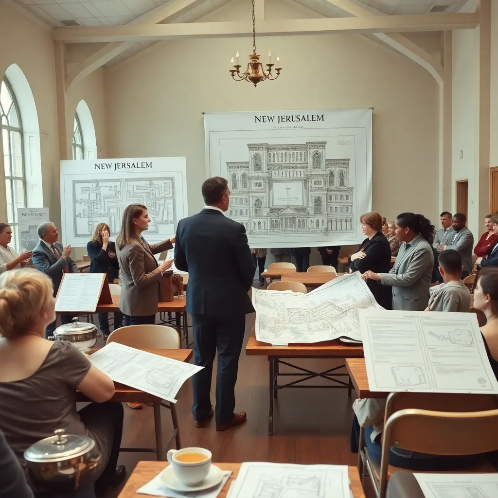 a church hall in mild chaos, straight christian couples in smart-casual clothing arguing over giant architectural plans labeled New Jerusalem, urns of tea on folding tables, casseroles, flip charts with theological zoning diagrams, expressions of existential panic, realistic yet absurd