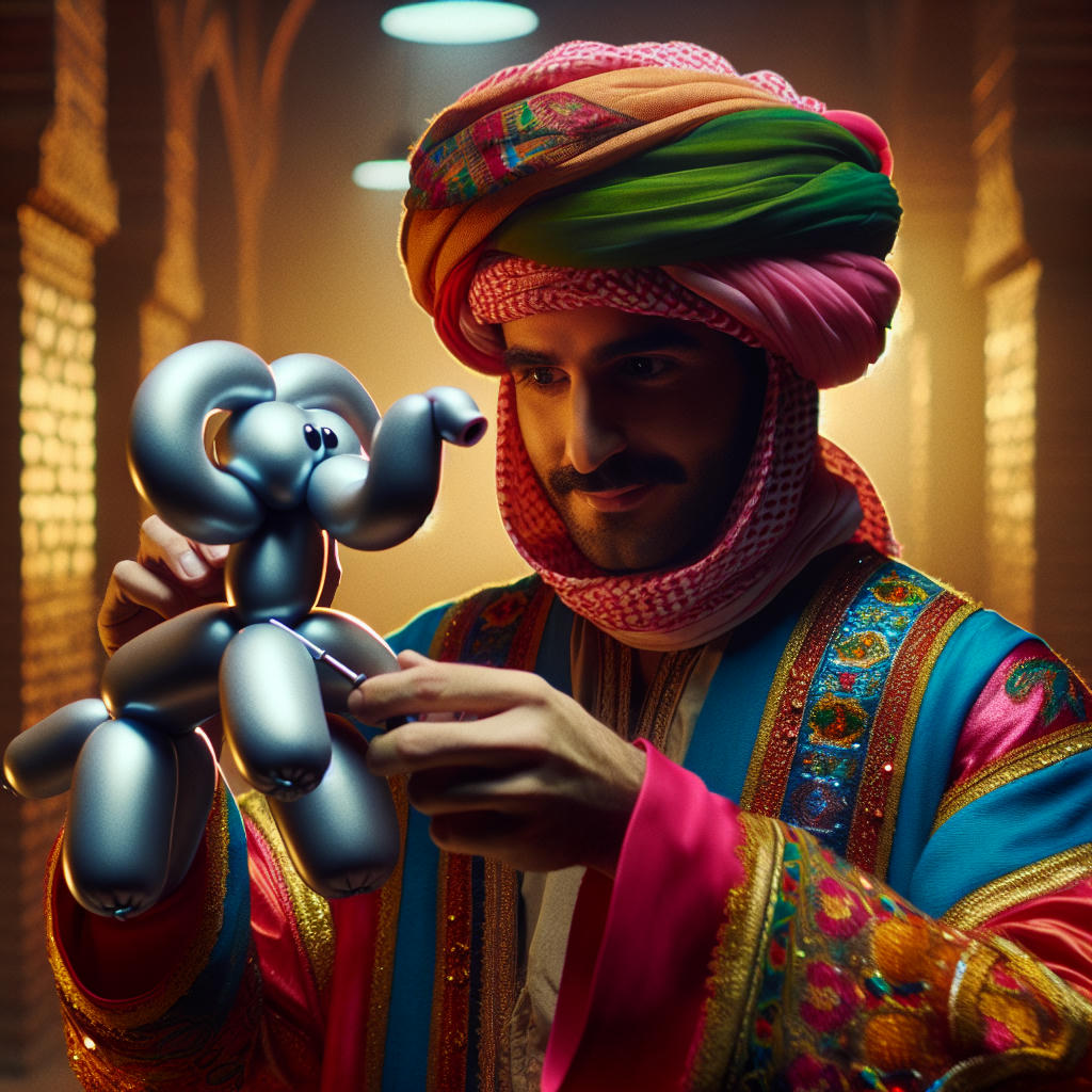 a clown making a balloon animal in the shape of an elephant, with a sly expression on its face, bright colors, highly detailed, vibrant colors, cinematic lighting, 4k, photorealistic