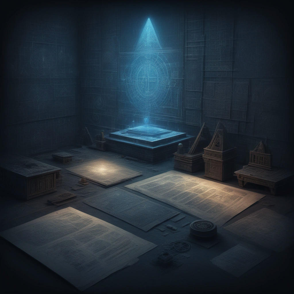 A dimly lit, atmospheric illustration of an ancient architect, surrounded by cryptic symbols and blueprints, with a faint, glowing spaceship hovering in the background, mysterious, mystical, and thought-provoking