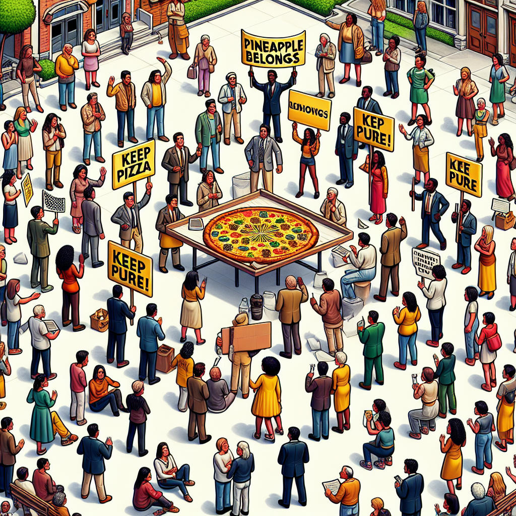 a lively town square with people debating passionately, some holding signs that say 'Pineapple Belongs!' and others with 'Keep Pizza Pure!', detailed, high quality, photorealistic