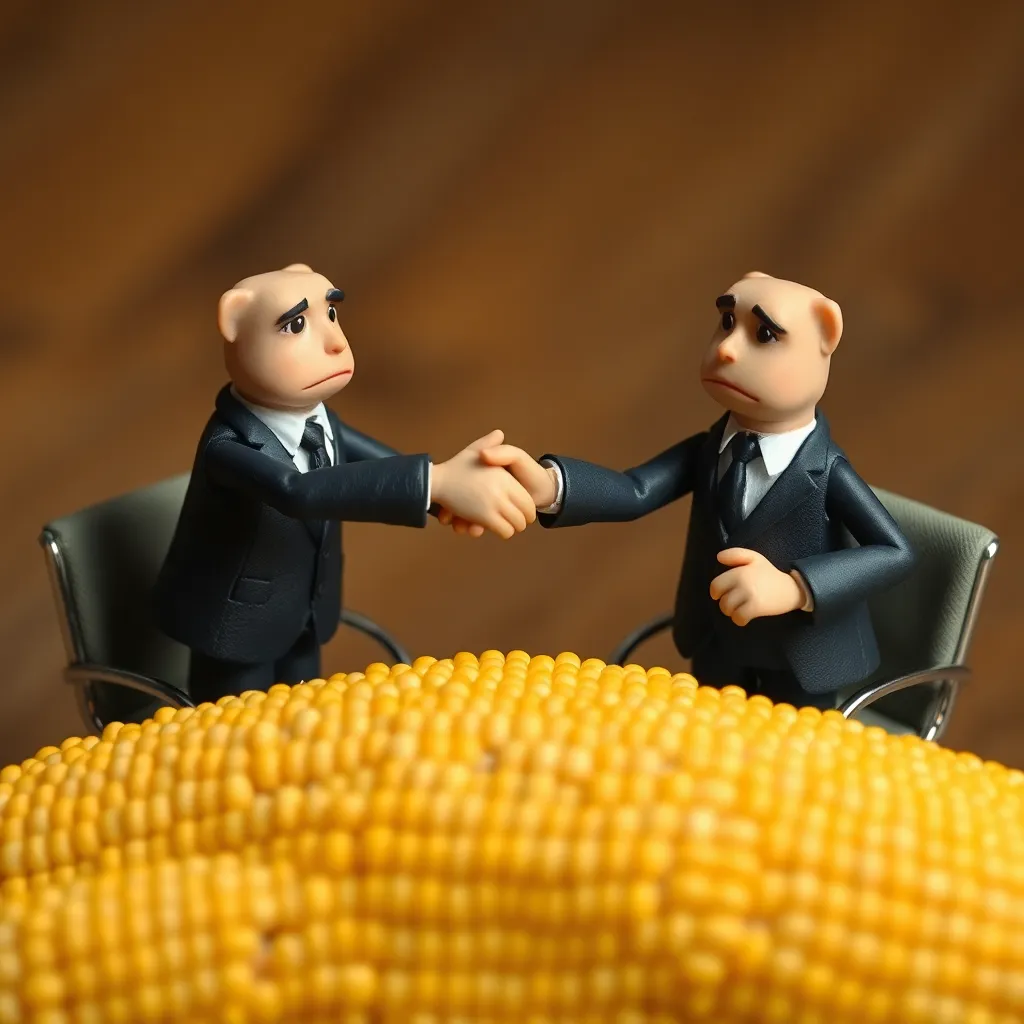 toes wearing miniature business suits shaking hands over a tiny conference table made of corn pads, serious expressions