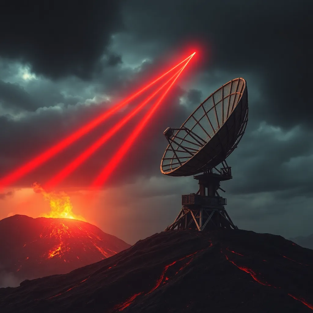 A massive satellite dish made of bone and rusted iron positioned on the edge of a fiery volcano, beaming red lasers into a dark stormy sky