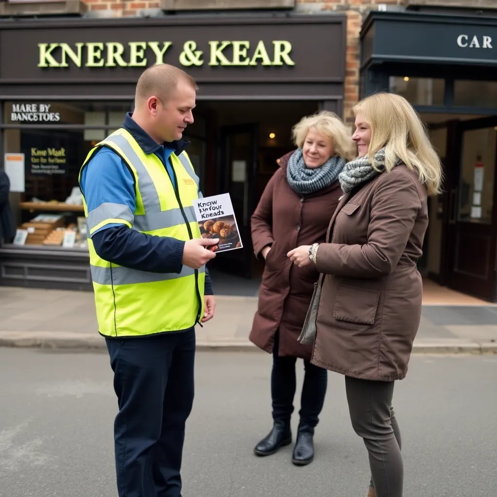 A municipal official in a high-visibility vest handing a pamphlet titled 'Know Your Kneads' to a couple outside a bakery, overcast day, grey pavement, sober civic photography.
