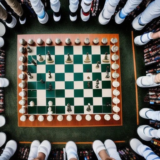 Aerial view of chess players gathered around board
