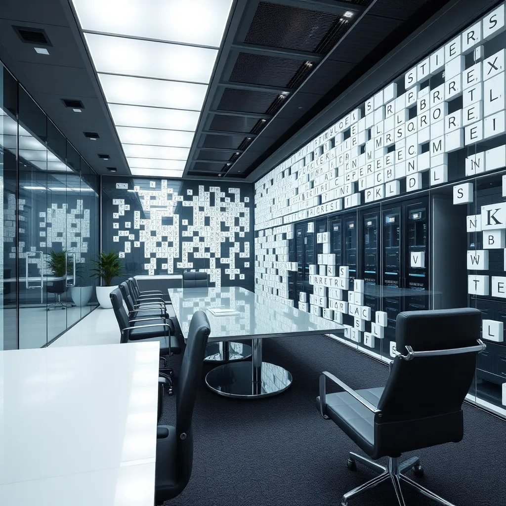 an executive office transformed into a giant puzzle chamber, cloud servers hidden inside crossword clues, rebus symbols pinned on glass walls, polished futuristic furniture, European tech aesthetic, whimsical but sophisticated corporate scene