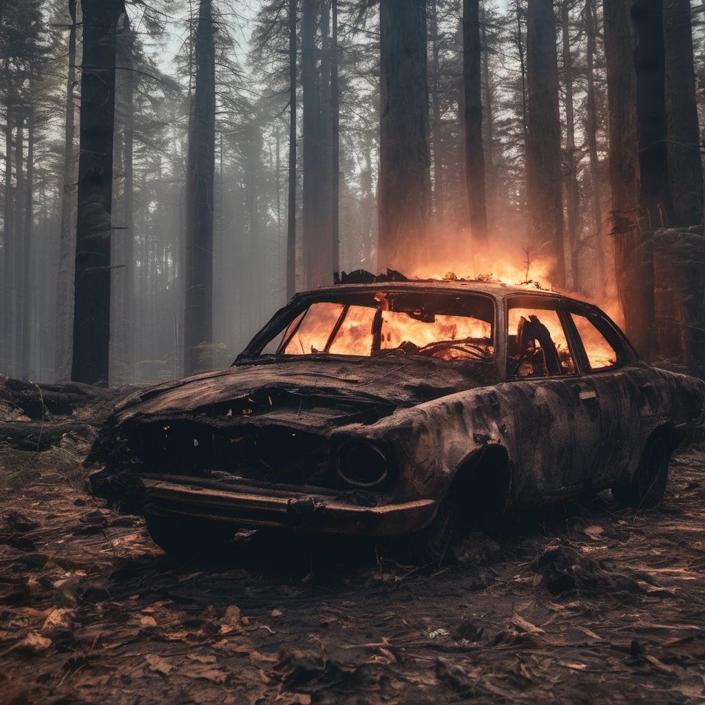 Burned car under sky with UFO