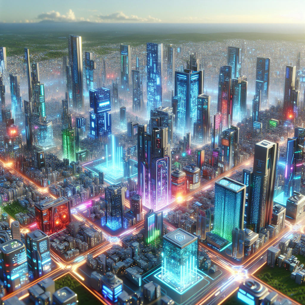 a futuristic city with humans and AI coexisting, advanced technology, intricate details, vibrant colors, 8k resolution