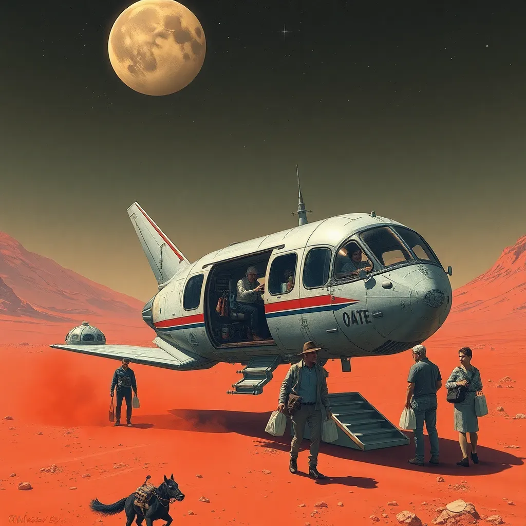 an old private space shuttle-minibus landing crookedly near a Martian colony dome, red dust storm, passengers stepping out with grocery bags and jars, driver leaning from cockpit yelling route information, whimsical ultra-detailed sci-fi illustration with grounded realism
