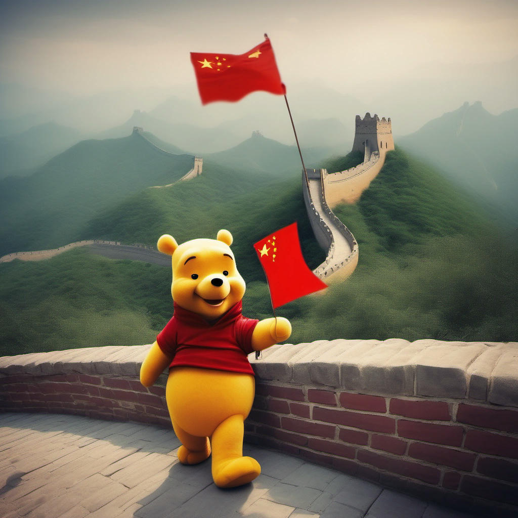 Winnie the Pooh waving a Chinese flag.