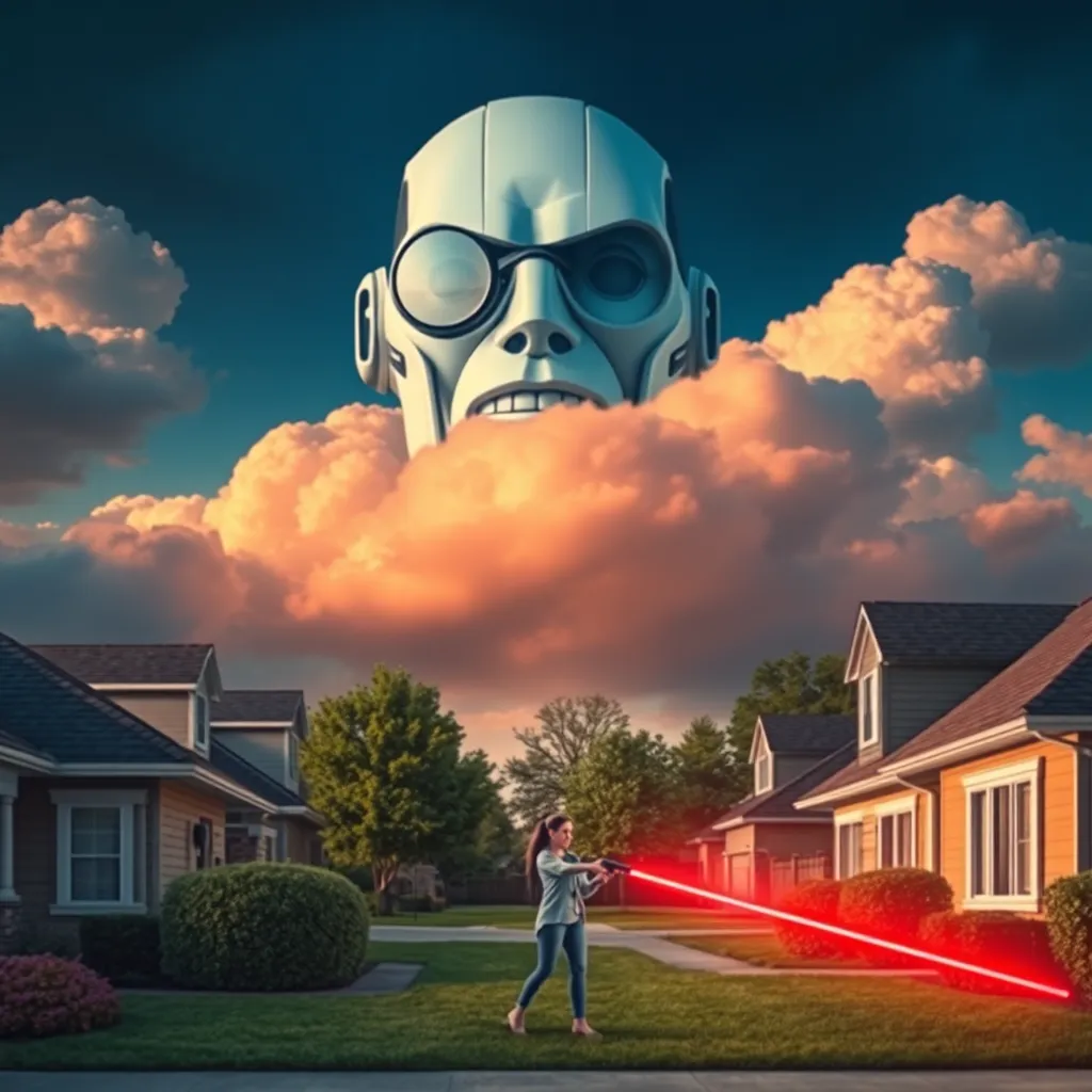 A suburban neighborhood where a giant, menacing cyborg face with a monocle is projected onto the clouds, looking down at a woman watering her lawn with a laser pistol.