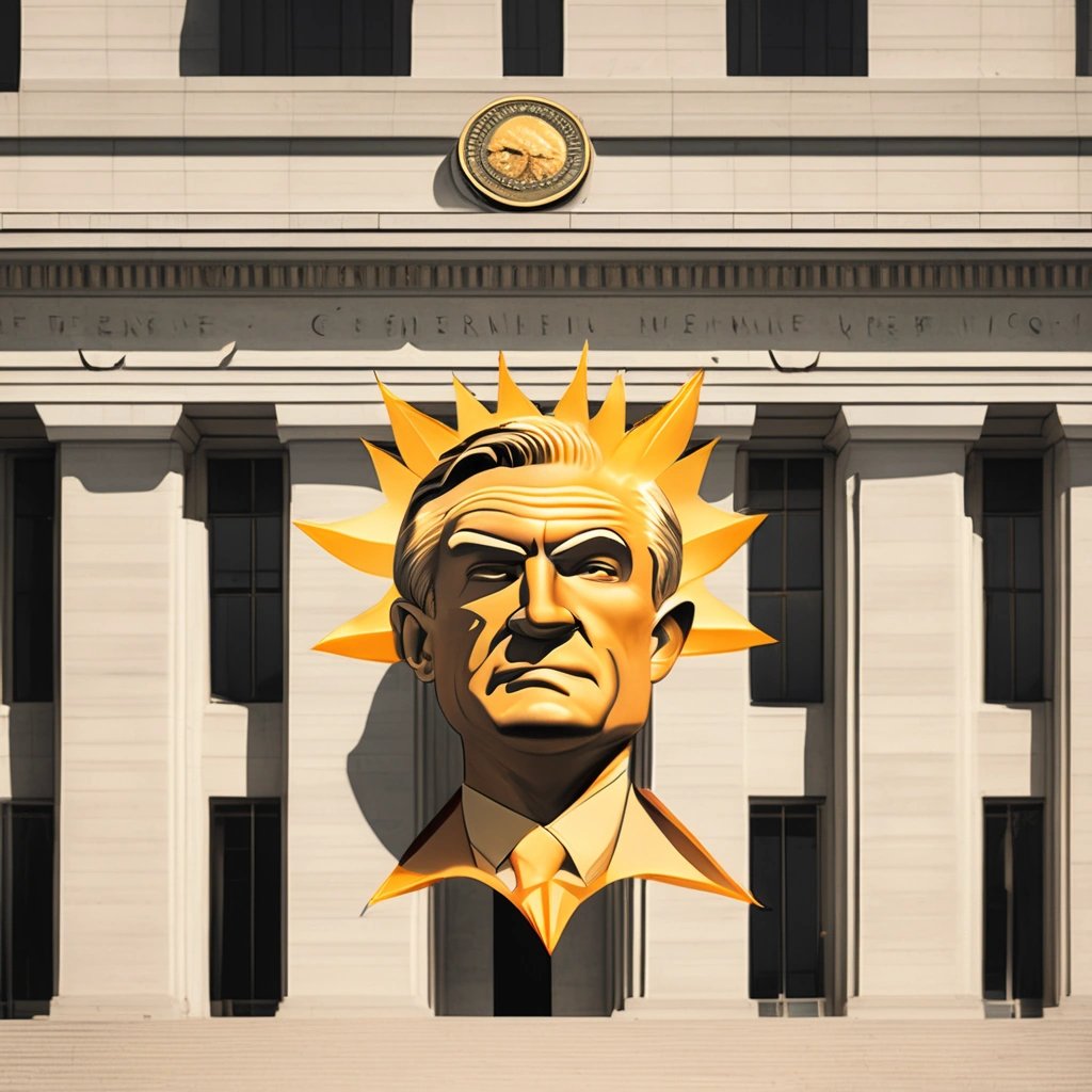 Federal Reserve building with Jerome Powell's face as a sun