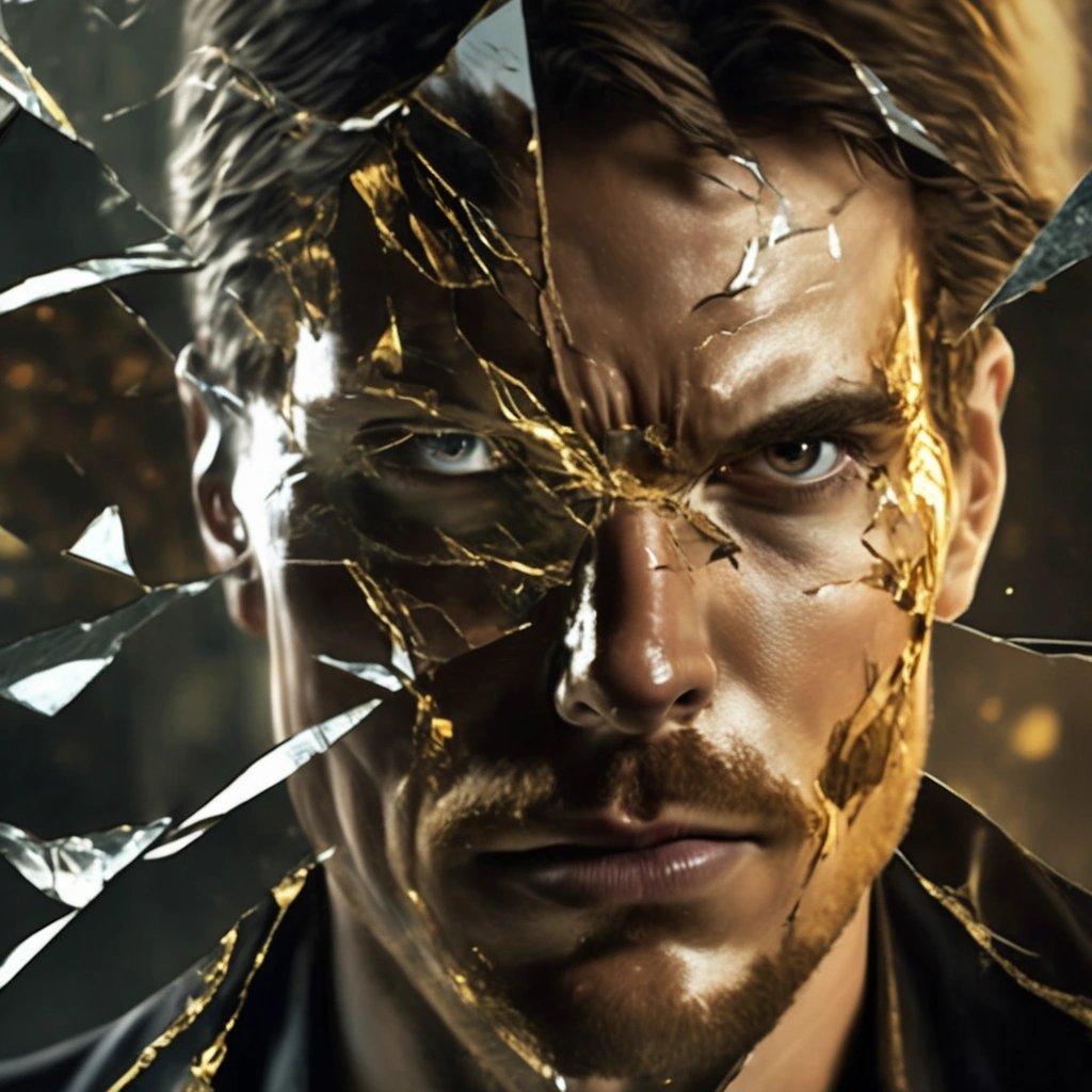 Goldenface's reflection in a shattered mirror
