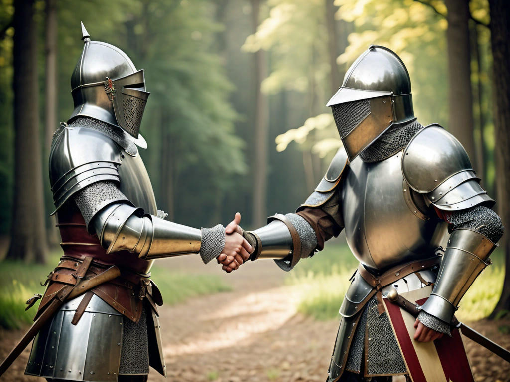 medieval knights shaking hands and laughing, with a peaceful forest in the background