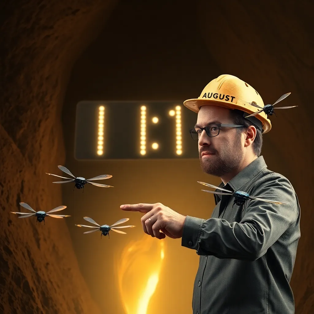 Elon Muck wearing a hardhat made of dried clay, dramatically pointing at a giant digital clock counting down to August 17, 7 mining drones shaped like dragonflies hovering above a glowing clay vein