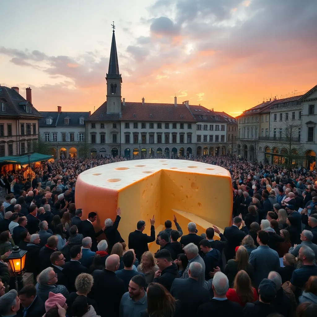 crowd at sunset respectfully but hungrily surrounding a gigantic cheese sculpture being slowly nibbled away, festive town square, crackers and baguettes everywhere, surreal yet elegant scene, warm golden light