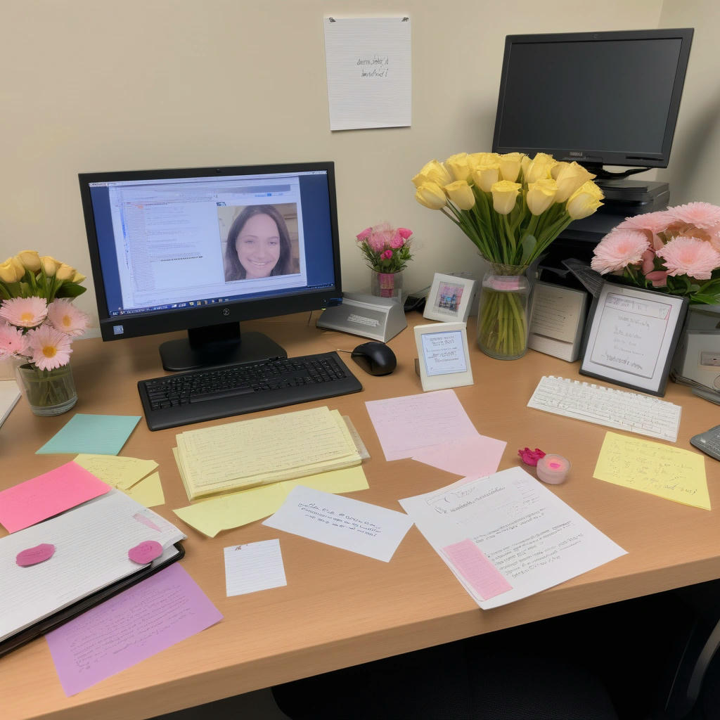 Office memorial for Clippy, featuring flowers and thank-you notes.