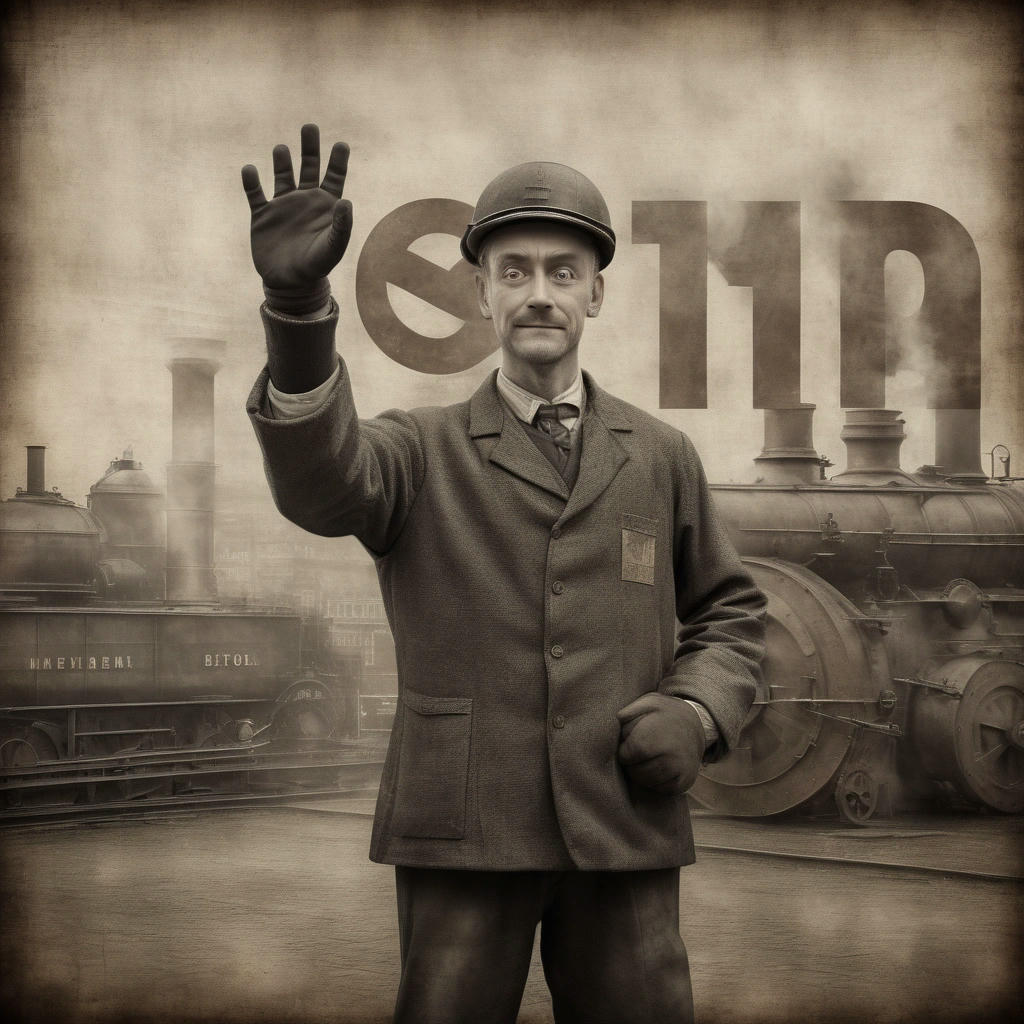 a satirical image of a person holding a 'stop ai' sign, standing in front of a steam engine, with a backdrop of the industrial revolution, sepia tone, distressed texture, reminiscent of a vintage photograph