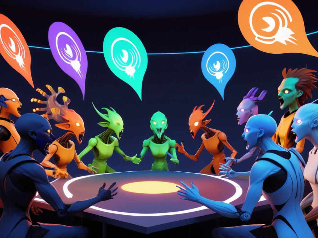 a group of digital creatures, each representing a different faction, engaged in a heated debate, their avatars gesticulating wildly as they argue