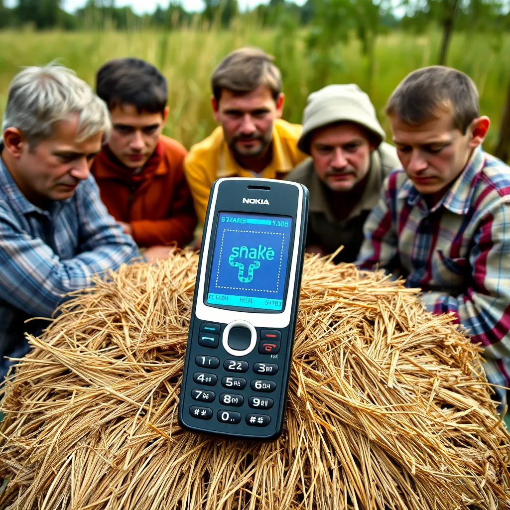 A 1990s Nokia phone balanced on a hay bale in a Ukrainian village, screen displaying the 'Snake' game, surrounded by villagers squinting at it as if solving a nuclear code