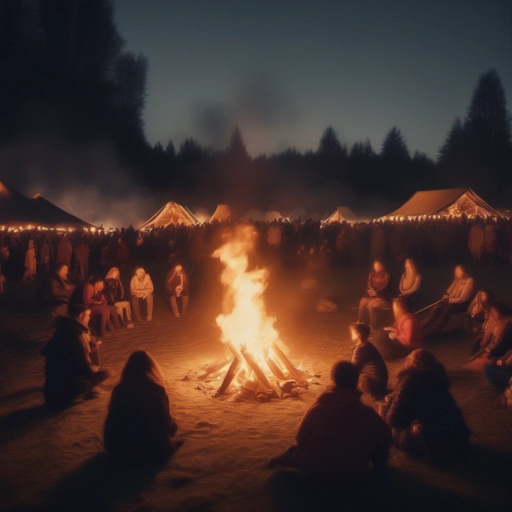 Ancient people enjoying a bonfire