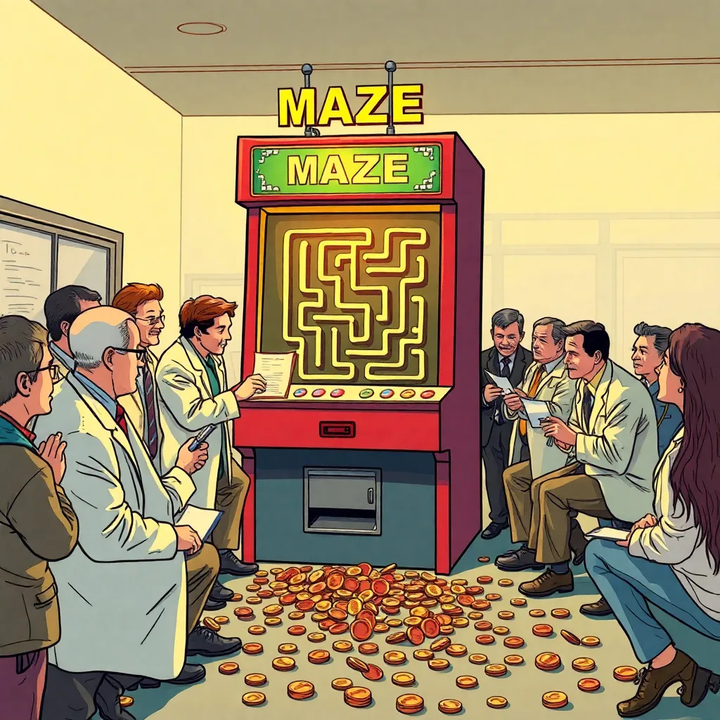 editorial cartoon scene of psychiatrists, philosophers, and arcade enthusiasts gathered around a giant classic maze machine like it is a sacred artifact, taking notes seriously while tokens spill everywhere, rich color, humorous grandiosity