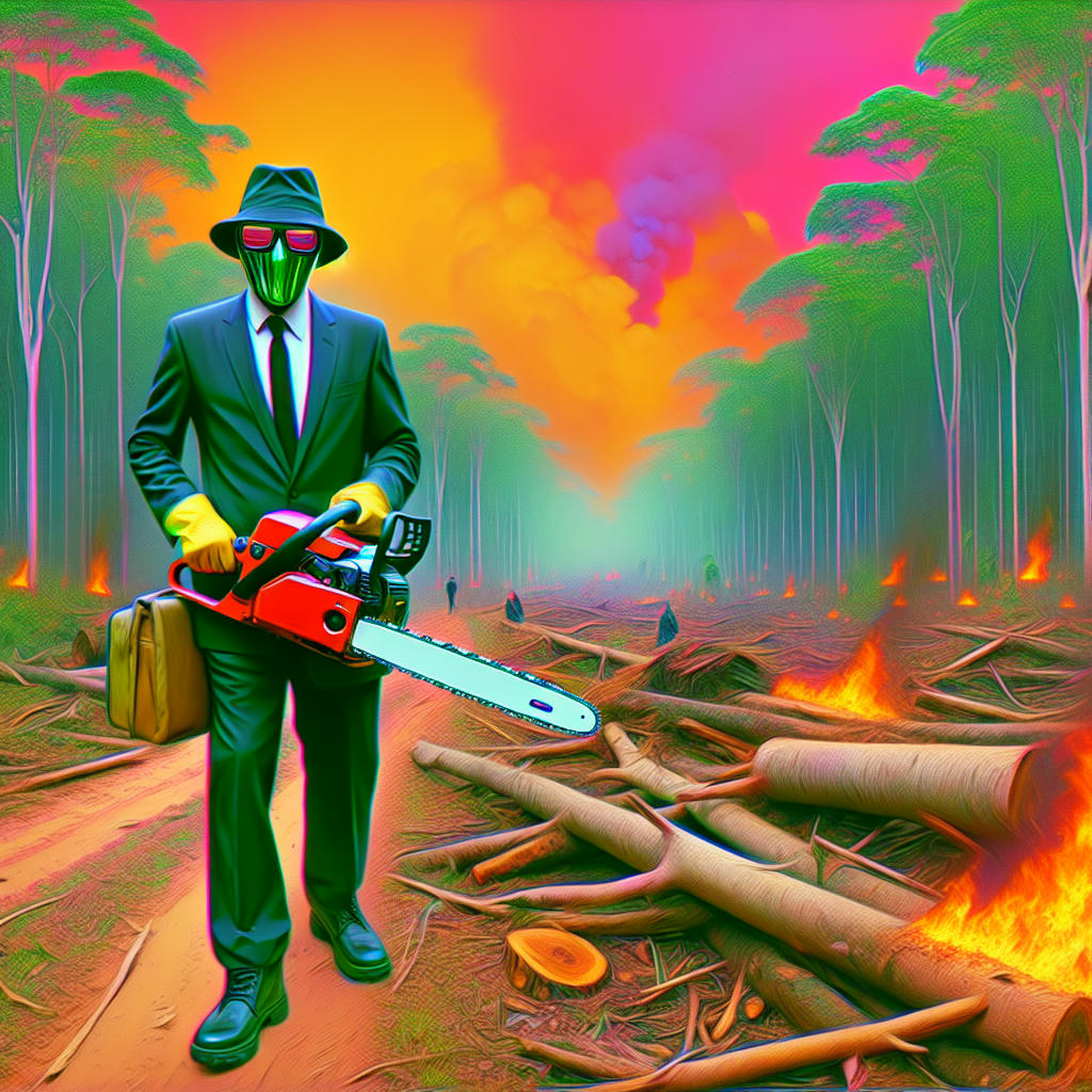 a satirical image of a private agent holding a chainsaw, surrounded by cut trees and a burning forest, with a faint image of the Amazon rainforest in the background, hyper-realistic, satirical, vibrant colors, exaggerated features, cartoonish, humorous, absurd