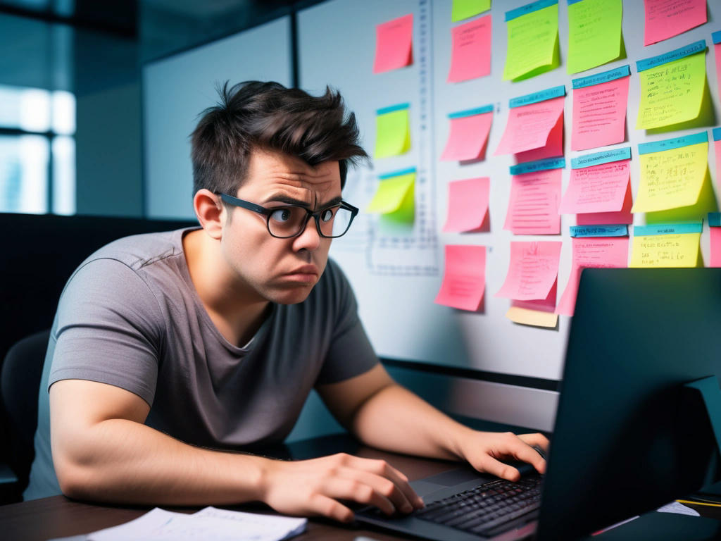 a developer looking frustrated at a computer screen with changing requirements, sticky notes with crossed-out tasks