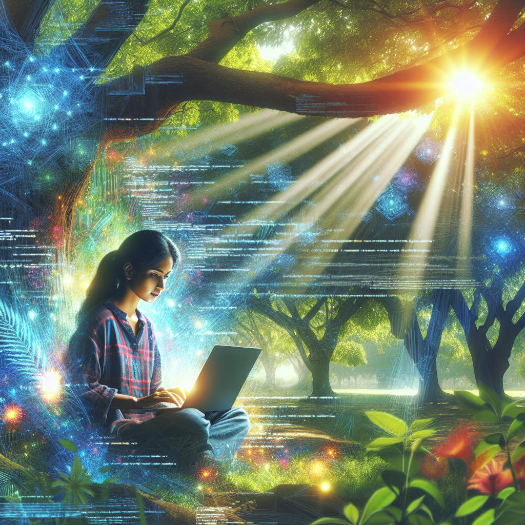 A developer with a laptop, sitting under a tree, contemplating code, in a peaceful and serene environment, digital art style, highly detailed, vibrant colors, ethereal lighting