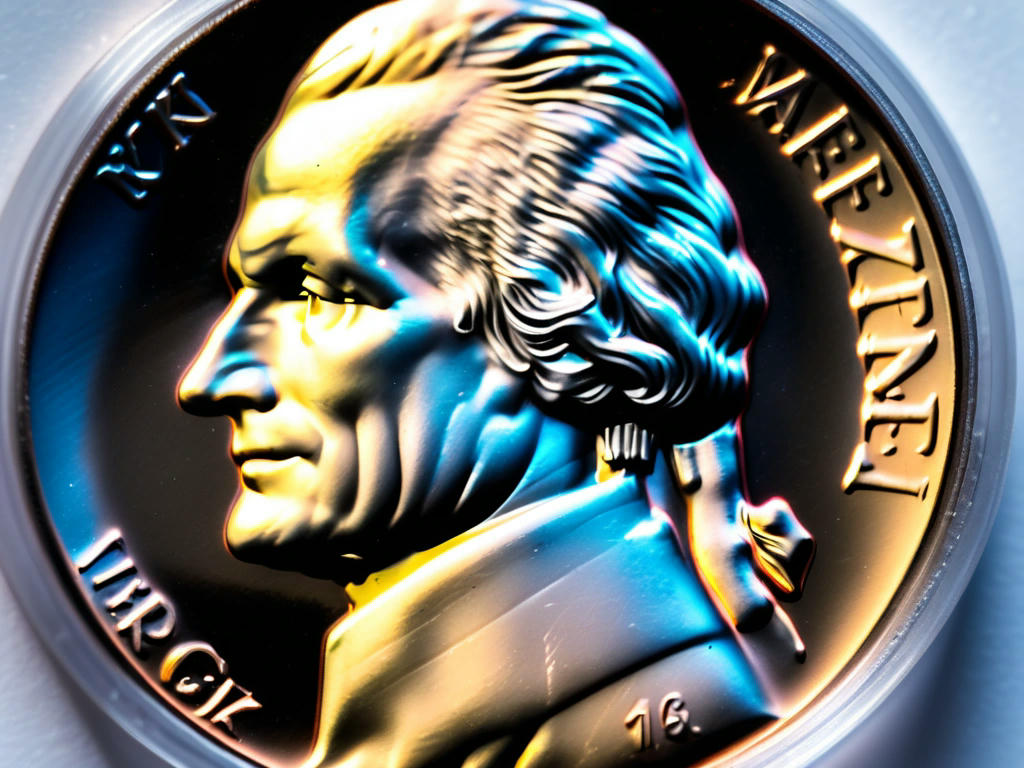 Extreme close-up of a misprint Jefferson nickel in a plastic case, showing double-struck impression with mysterious lighting, artistic composition