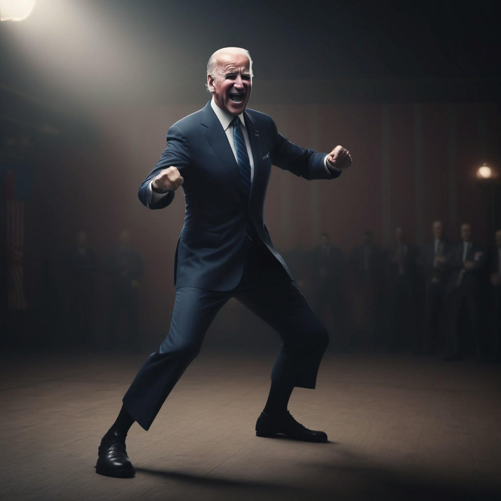 Joe Biden executing a perfect roundhouse kick, with a subtle hint of a smile on his face, highly detailed, cinematic lighting, 4k, dramatic atmosphere