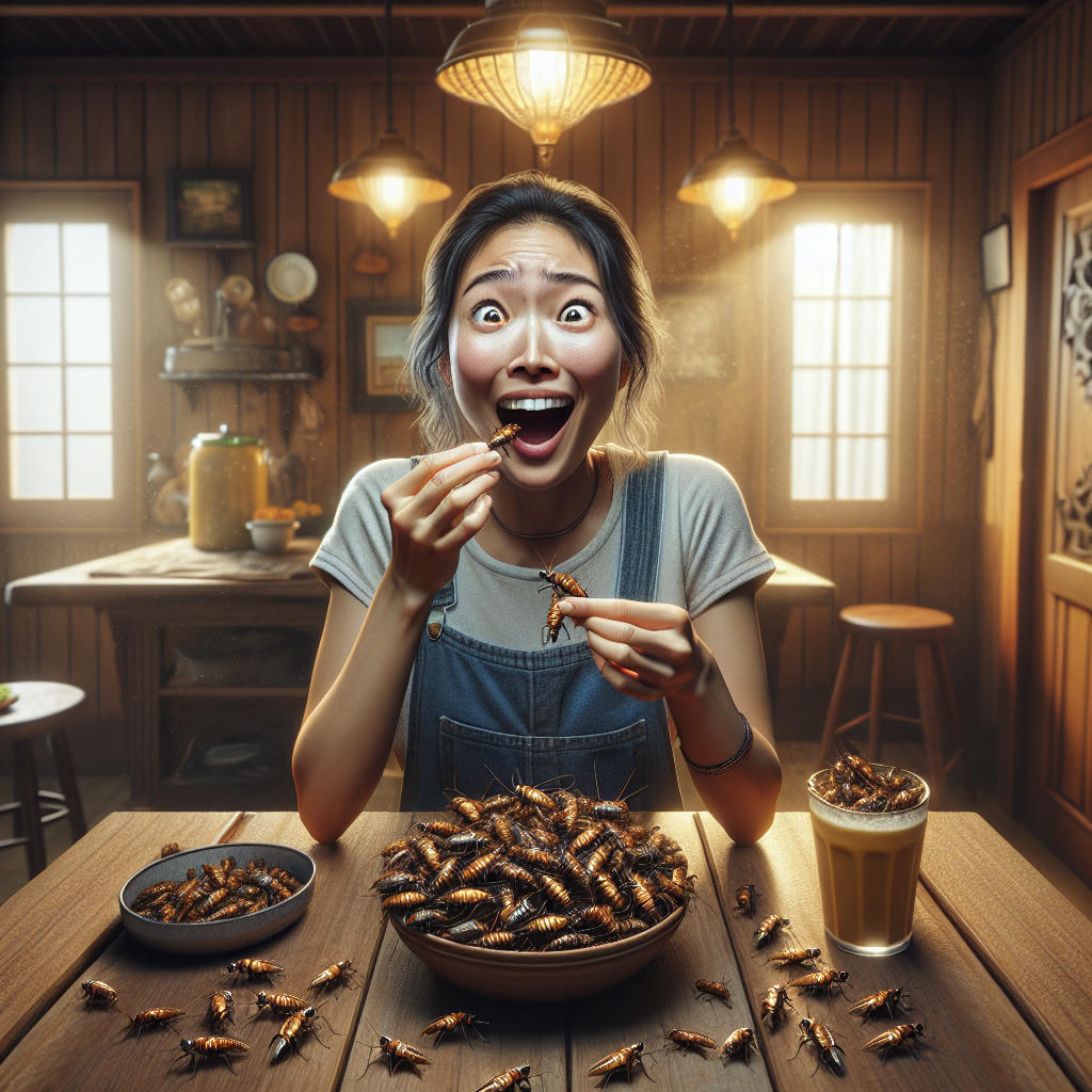 a person eating roasted crickets with a look of surprise and delight, kitchen setting, hyper-realistic, extremely detailed, warm lighting