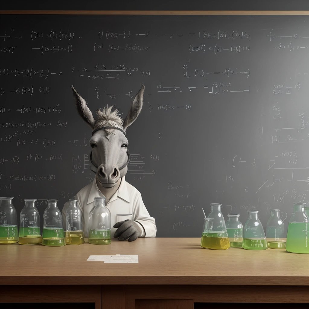 Wichita the Love Donkey in a laboratory surrounded by beakers