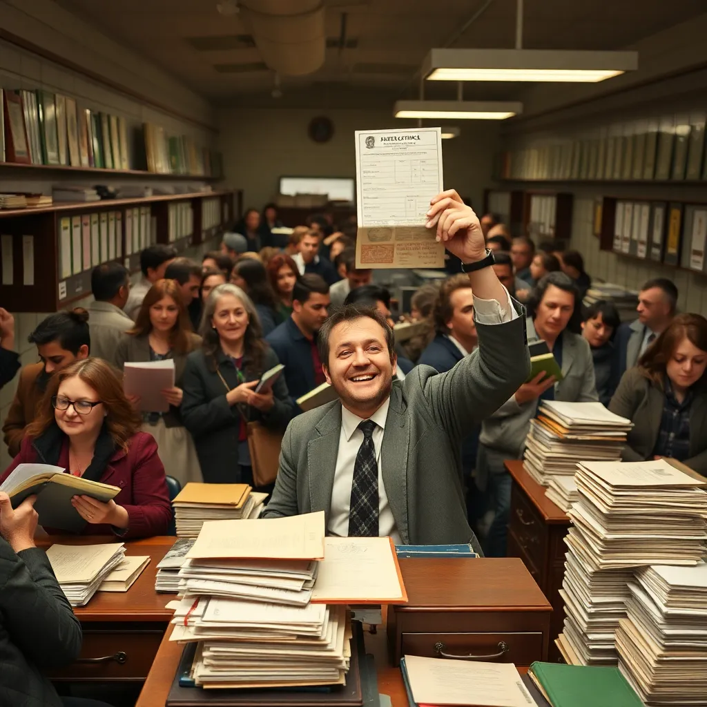 busy public service office with endless queues, people holding folders, one delighted citizen raising a bizarre semi-official identity slip stamped excessively, clerks at old desks surrounded by paper mountains, comic bureaucratic realism